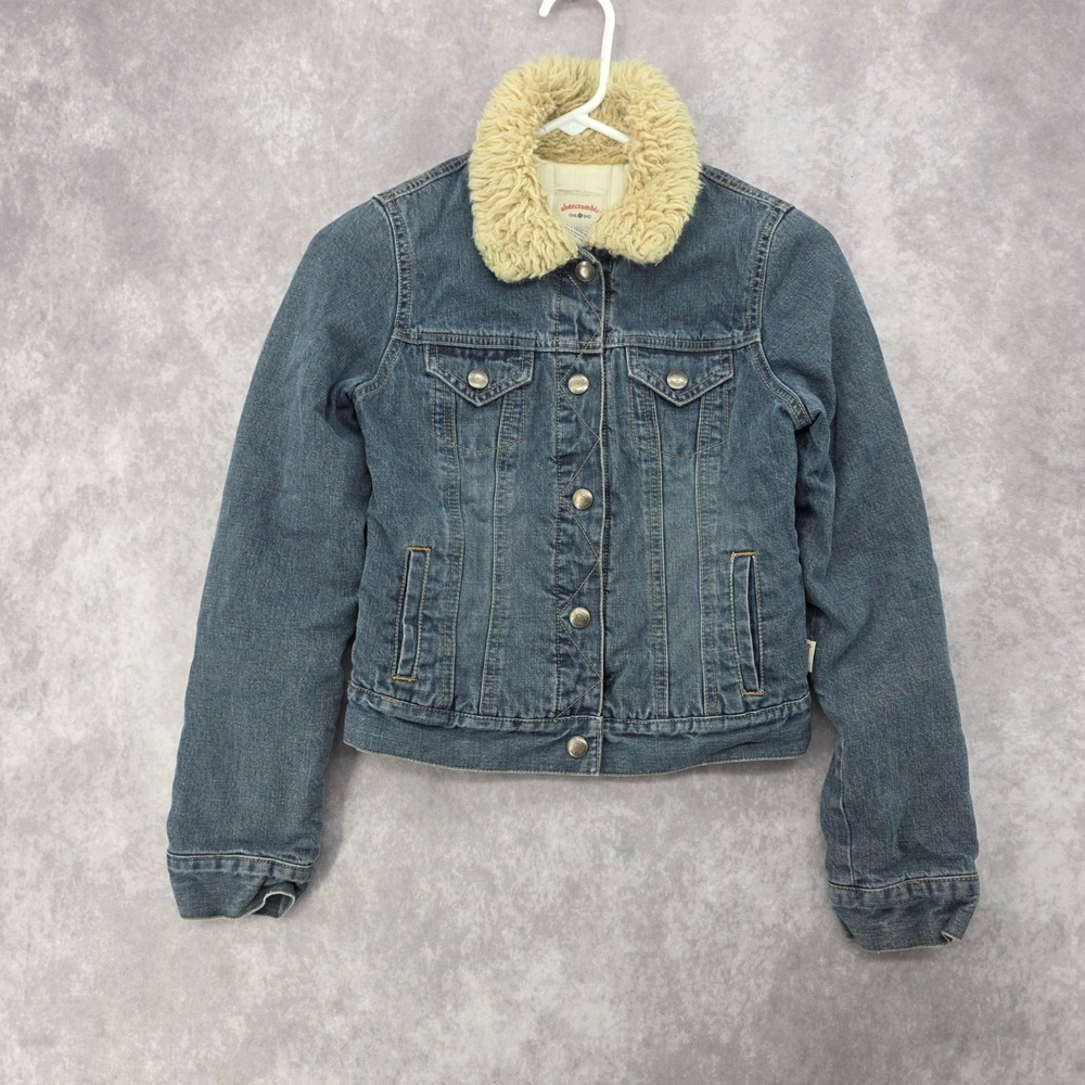 Vintage Abercrombie Kids Large Denim Jacket Faux Fur Collar Quilted Lining